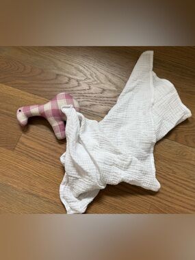 White Muslin Baby Lovey with Pink Plaid Camel Toy